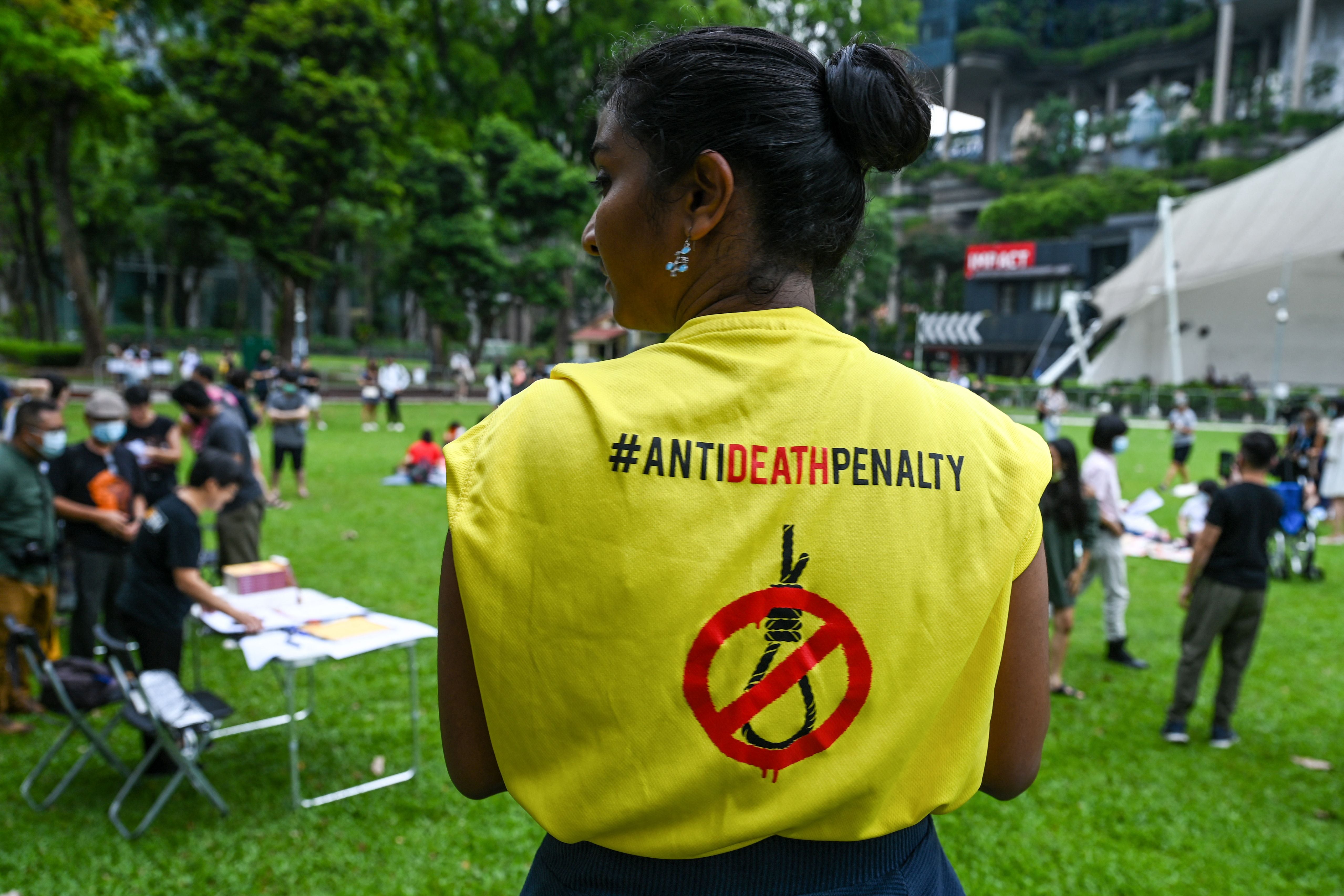 An activist during a protest against the death penalty at Speakers' Corner in Singapore on April 3, 2022.